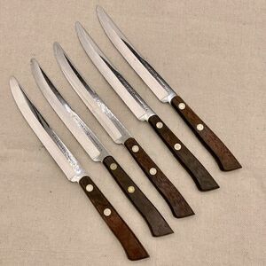 Vintage Flint Stainless Vanadium 5” Blade Wood Handle Steak Knives (5)